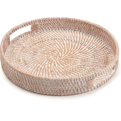 BRINJOY 11.8" Round White Woven Tray - Handmade Rattan Coffee Table Decor With Handles 3 BRINJOY 11.8" Round White Woven Tray - Handmade Rattan Coffee Table Decor With Handles
