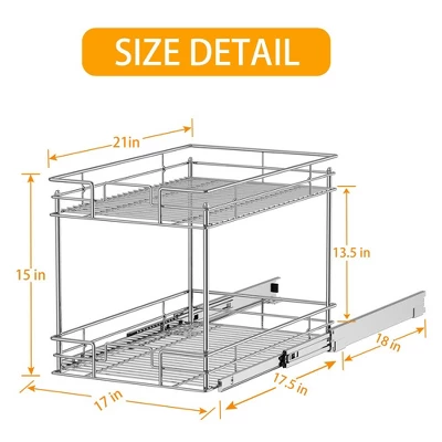 LOVMOR Pull Out Cabinet Organizer And Storage (17" W X 21" D) 2-Tier Pull Out Shelf Storage For Kitchen Base Cabinet Silver 5 LOVMOR Pull Out Cabinet Organizer And Storage (17" W X 21" D) 2-Tier Pull Out Shelf Storage For Kitchen Base Cabinet Silver - Image 3