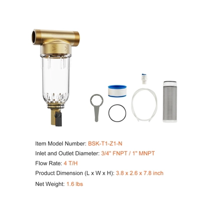 VEVOR Spin Down Filter, 40 Micron Whole House Sediment Filter For Well Water, 3/4" FNPT + 1" MNPT, 4 T/H High Flow Rate, Brass&Transparent 9 VEVOR Spin Down Filter, 40 Micron Whole House Sediment Filter For Well Water, 3/4" FNPT + 1" MNPT, 4 T/H High Flow Rate, Brass&Transparent - Image 7