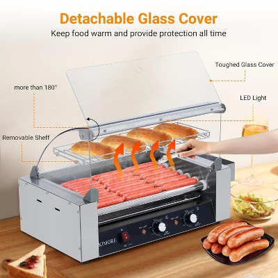 Hot Dog Roller, 24 Capacity 9-Roller Sausage Grill - 1350W Stainless Steel Machine With Cover For Commercial & Parties 5 Hot Dog Roller, 24 Capacity 9-Roller Sausage Grill - 1350W Stainless Steel Machine With Cover For Commercial & Parties - Image 3