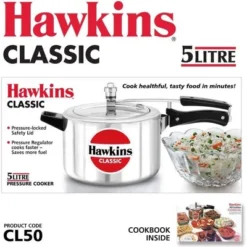 Hawkins Classic 5L Aluminum Pressure Cooker: Stovetop, Cool Touch Handle, Locking Lid, Hand Wash, Silver, 1-Year Warranty